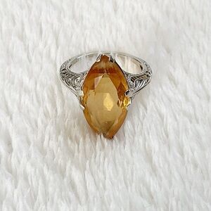 Vintage Art Deco 14K White Gold Filigree Ring Marquise Citrine Estate Jewelry